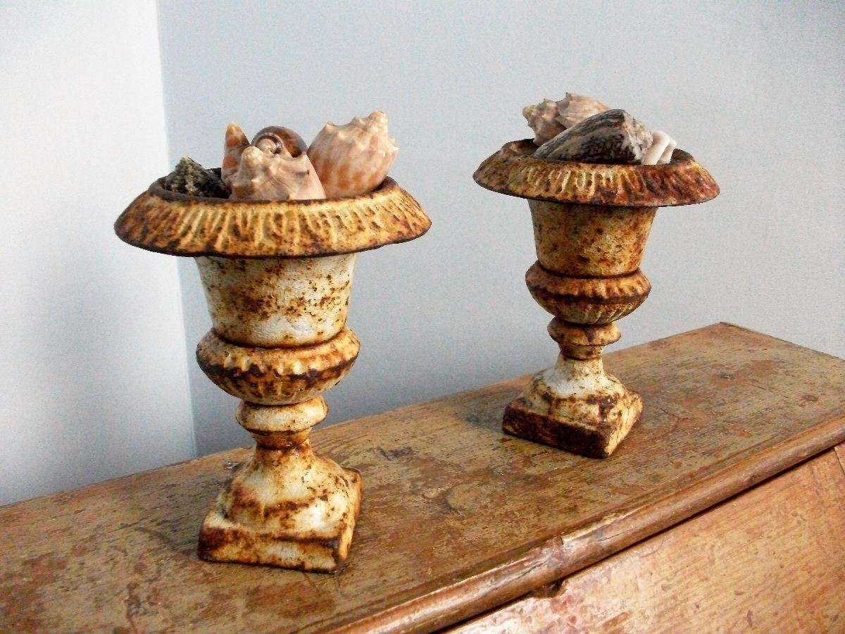 Pair of Small Cast Iron Mantel Urns 